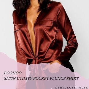 Boohoo Satin Utility Pocket Plunge Shirt Sz 10